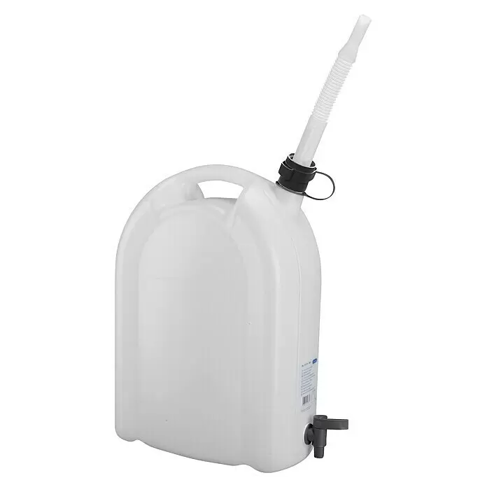 Enders Wasserkanister mit Hahn und Gießtülle - Auslaufhahn, 20 l - Weißer Kunststoffkanister mit flexiblem Ausgießer und schwarzem Hahn unten.