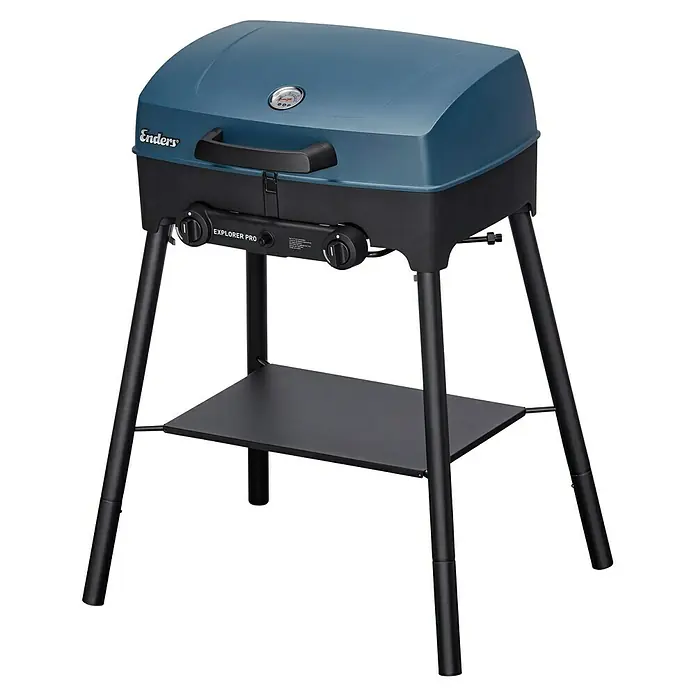 Enders Gasgrill Next Pro - Grillfläche (B x T): 48 x 32 cm, 4,4 kW, Anzahl Brenner: 2 Stk. - Der Enders Explorer Pro Gasgrill mit blauer Haube, schwarzen Bedienelementen und einem praktischen Ablagefach ist ideal für unterwegs.