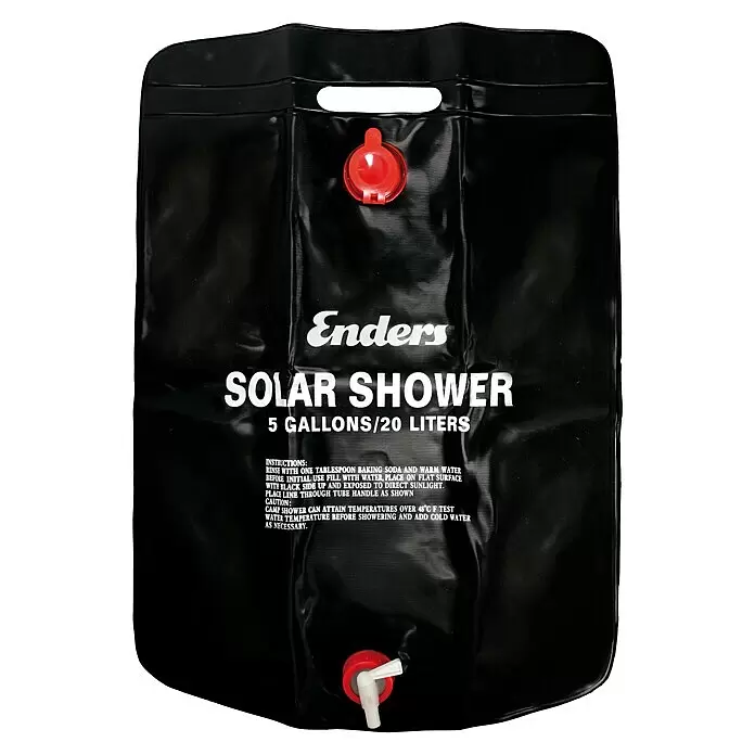 Enders Solardusche - 20 l - Schwarzer tragbarer Solarduschsack mit roter Oberkappe und weißem Bodenhahn zum Erwärmen von Wasser durch Sonnenlicht für den Außeneinsatz.