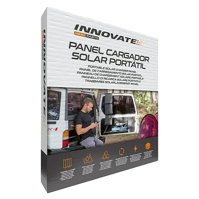 Panel solar plegable Innovate - 21 W, 2 conexiones USB - Imagen de un embalaje para un panel cargador solar portátil INNOVATE con el lema "Panel Cargador Solar Portatil".