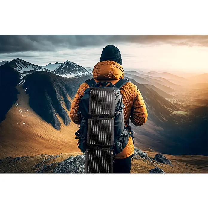 Panel solar plegable Innovate - 21 W, 2 conexiones USB - Excursionista con mochila y panel solar. Ideal para aventuras al aire libre, ecológico y energéticamente eficiente.