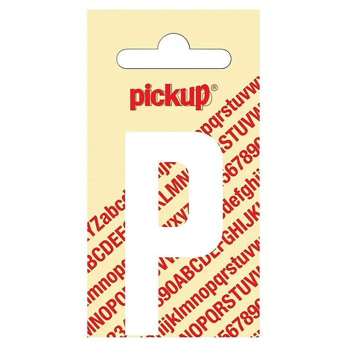 Pickup Aufkleber - Motiv: P, Weiß, Höhe: 60 mm - Ein "Pickup"-Aufkleber mit dem Buchstaben "P", verziert mit roten Buchstaben und Zahlen auf beigem Hintergrund, ideal für Beschriftungen.