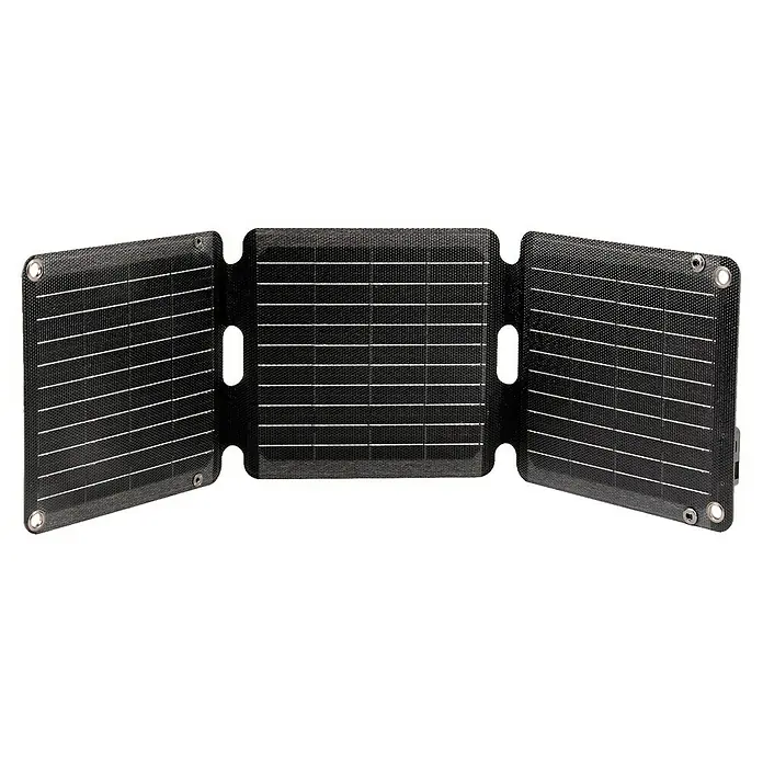 Panel solar plegable Innovate - 21 W, 2 conexiones USB - Panel solar plegable triple con múltiples células solares y ojales para una fácil fijación. Ideal para actividades al aire libre y emergencias.