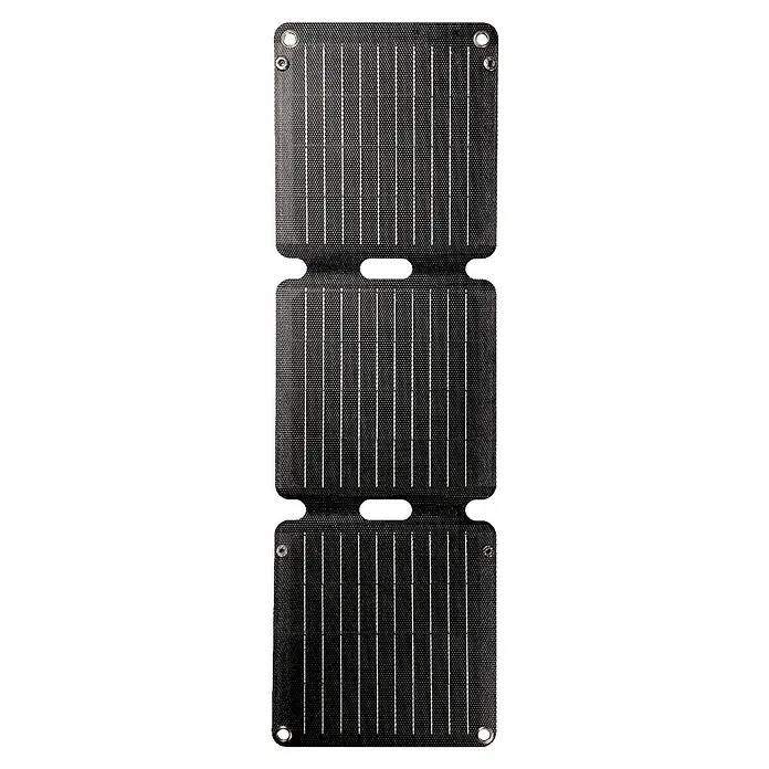 Panel solar plegable Innovate - 21 W, 2 conexiones USB - Esta imagen muestra un panel solar plegable con múltiples paneles y ojales para su fijación, ideal para actividades al aire libre y emergencias.