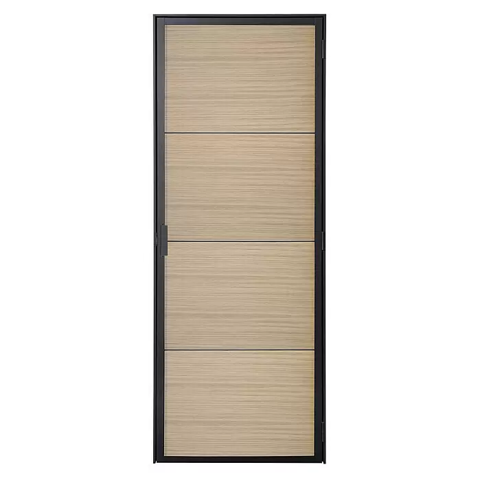 Kit atelier Drehtür Loft Holz District - 880 x 2.005 mm, Rechts - Moderne Tür mit schwarzem Rahmen und hellen horizontalen Holzpaneelen.