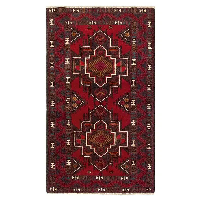 Alfombra de pelo corto Afganistan Baluch - Burdeos, 130 x 80 cm - Una alfombra roja detallada con patrones geométricos, ideal para una decoración elegante.