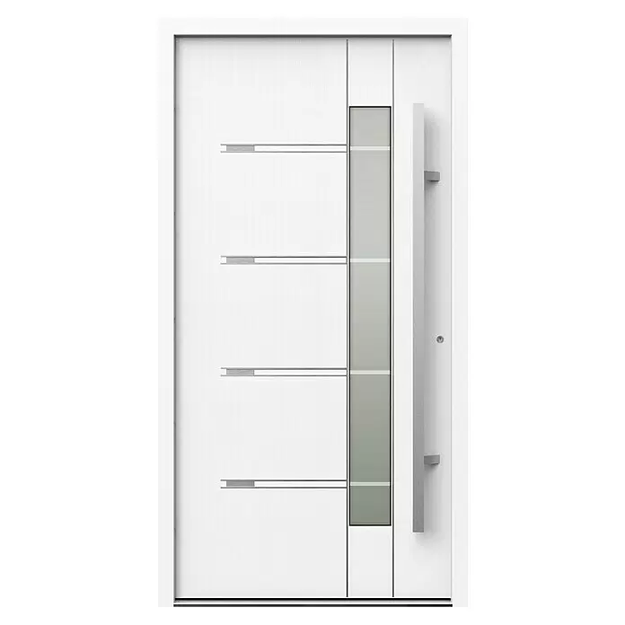 Gerda Haustür Thermo Prime 75 Roma - 110 x 210 cm, DIN Anschlag: Rechts, Weiß, Details in Edelstahl - Moderne weiße Eingangstür mit horizontalen Zierlinien, einem vertikalen Glaspaneel und einem langen silbernen Griff.