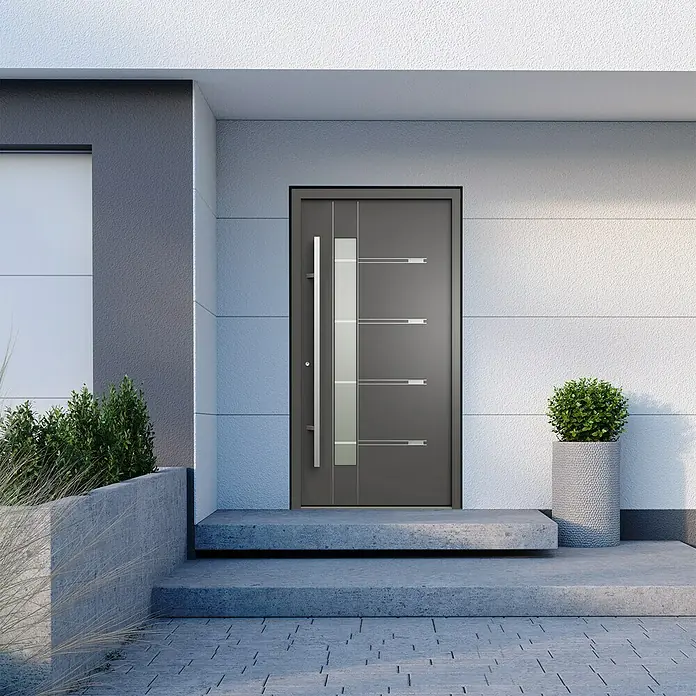 Gerda Haustür Thermo Prime 75 Roma - 110 x 210 cm, DIN Anschlag: Links, Anthrazitgrau, Details in Edelstahl - Elegante Haustür mit Glasakzenten und modernem Design, die einen stilvollen Eingangsbereich schafft und die Architektur des Hauses hervorhebt.