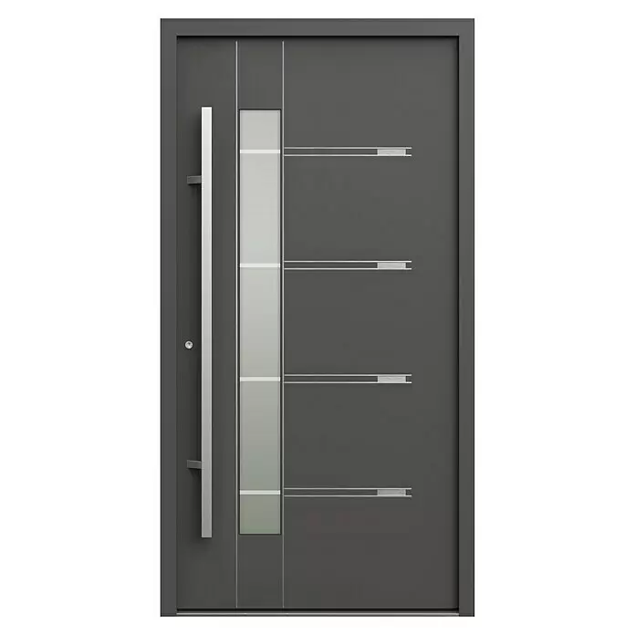 Gerda Haustür Thermo Prime 75 Roma - 110 x 210 cm, DIN Anschlag: Links, Anthrazitgrau, Details in Edelstahl - Moderne anthrazitfarbene Eingangstür mit langem Silbergriff, vertikaler Mattglasscheibe und horizontalen silbernen Dekorelementen.