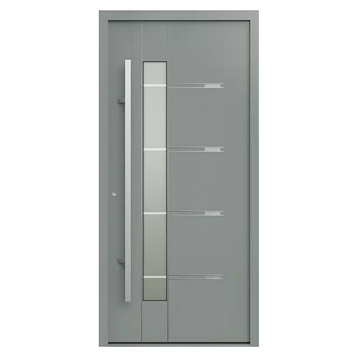 Gerda Haustür Thermo Prime 75 Roma - 100 x 210 cm, DIN Anschlag: Links, Grau, Details in Edelstahl - Moderne graue Tür mit langem silbernen Griff, vertikaler Milchglasscheibe und horizontalen Metallelementen.