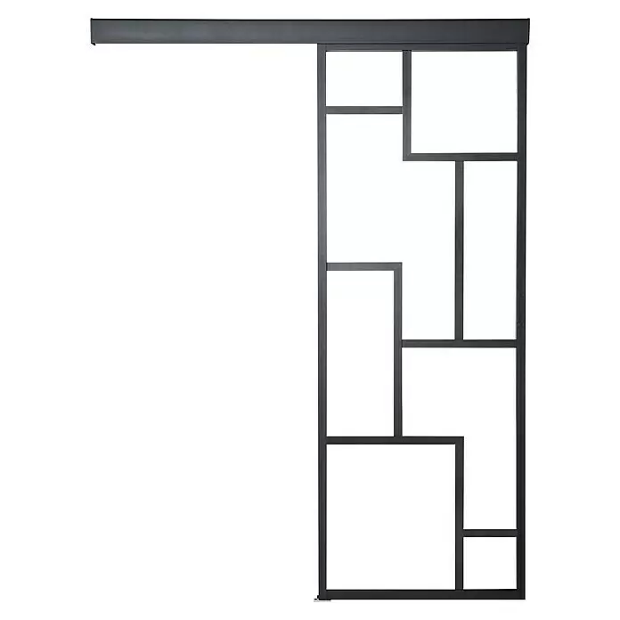 Kit atelier Glasschiebetür Loft Architekt - 930 x 2.128 mm, Einscheibensicherheitsglas (ESG) - Schwarzer Metallrahmen für Raumteiler mit geometrischem Muster.
