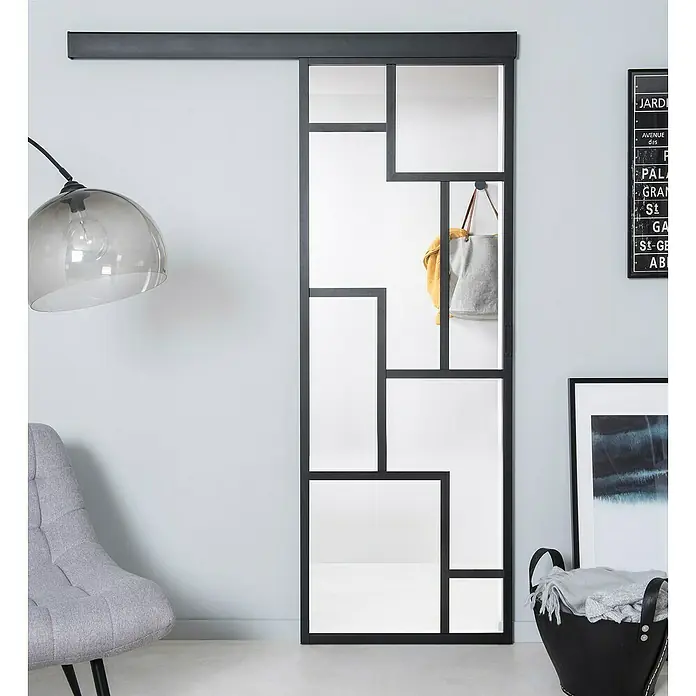 Kit atelier Glasschiebetür Loft Architekt - 930 x 2.128 mm, Einscheibensicherheitsglas (ESG) - Elegante Schiebetür mit geometrischem Spiegeldesign. Das schlanke, schwarze Rahmendesign verleiht jedem Raum einen modernen Touch und Stil.