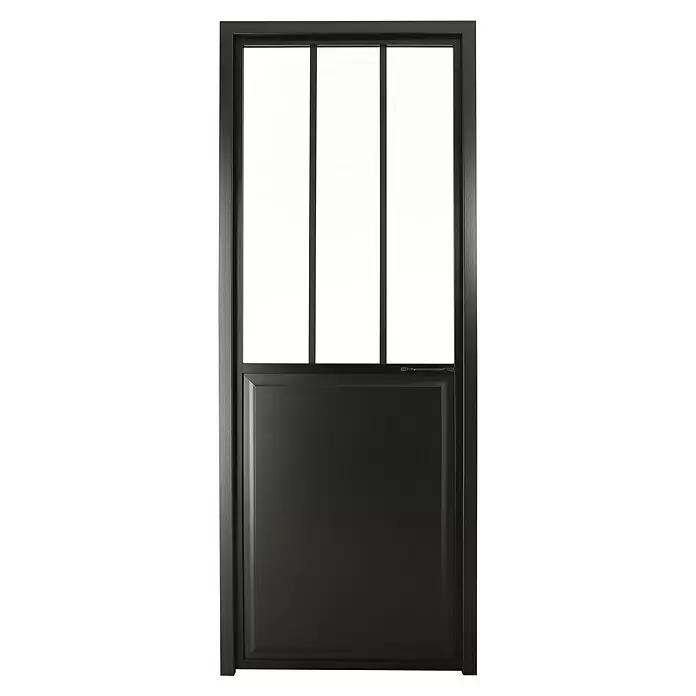 Kit atelier Drehtür Loft Atelier - 904 x 2.057 mm, Rechts, Einscheibensicherheitsglas (ESG) - Anthrazitfarbene Industrietür mit drei vertikalen Glasscheiben oben und einer massiven unteren Platte.