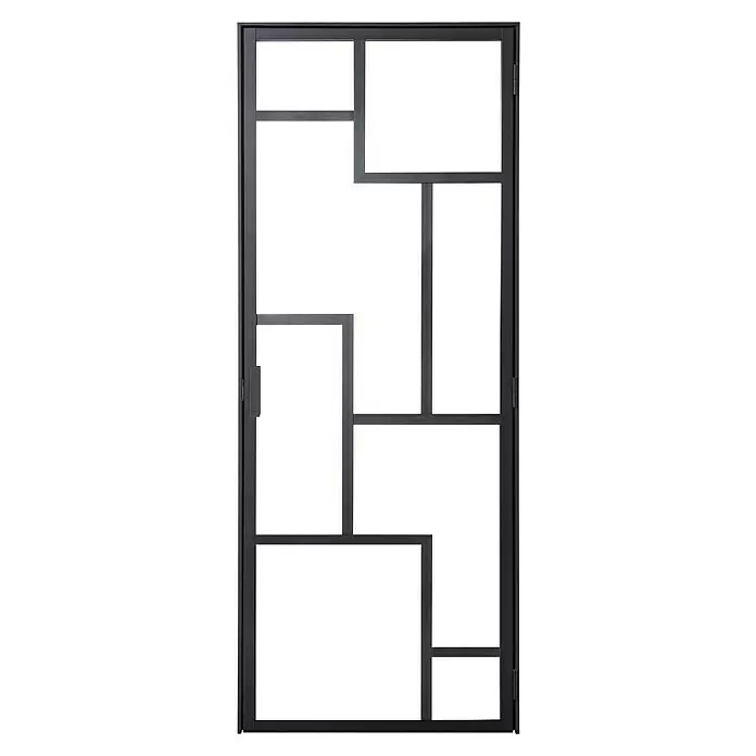 Kit atelier Drehtür Loft Architekt - 880 x 2.005 mm, Rechts, Einscheibensicherheitsglas (ESG) - Schwarze Metallrahmentür mit geometrischem Paneeldesign.