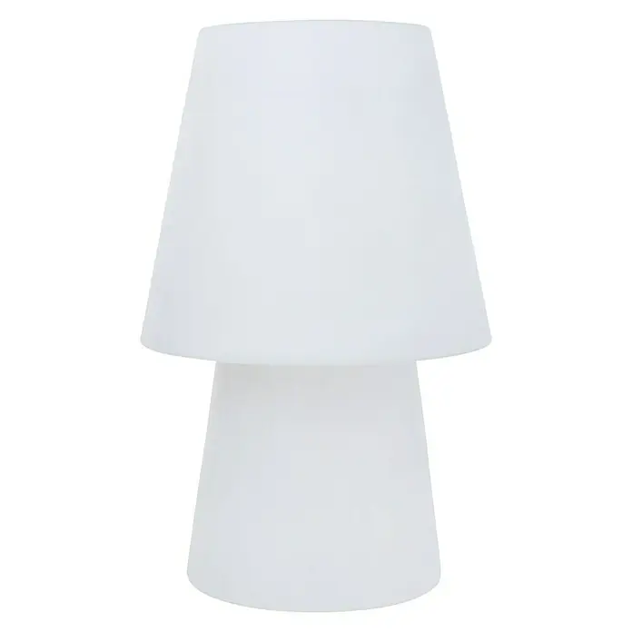 8 Seasons Design No. 1 LED-Dekoleuchte - 6 W, Weiß, L x B x H: 39 x 39 x 60 cm - Nahaufnahme einer modernen, weißen Tischleuchte mit konischem Schirm und zylindrischem Sockel auf neutralem Hintergrund.