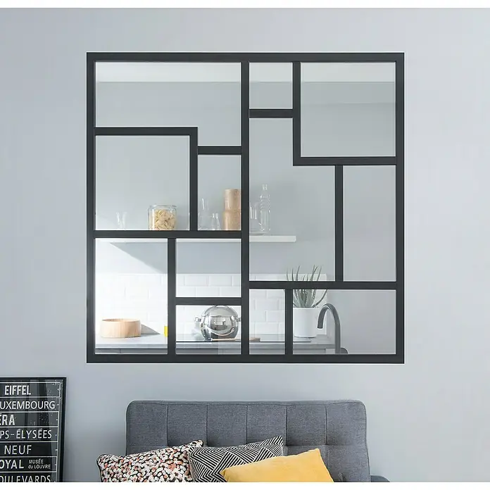 Kit atelier Glastrennwand Loft Architekt - 1.232 x 1.200 mm, Einscheibensicherheitsglas (ESG) - Ein dekoratives Raumteiler-Element mit schwarzem Rahmen und verschiedenen transparenten Fächern. Ideal für die stilvolle Abgrenzung von Wohnbereichen.