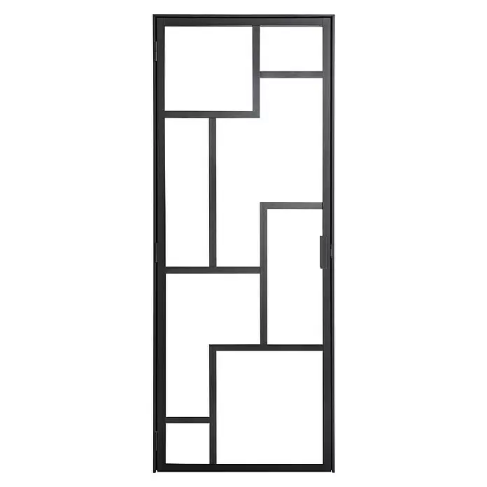Kit atelier Drehtür Loft Architekt - 880 x 2.005 mm, Links, Einscheibensicherheitsglas (ESG) - Dunkle Metall-Innentür mit geometrischem Rahmendesign und Griff.