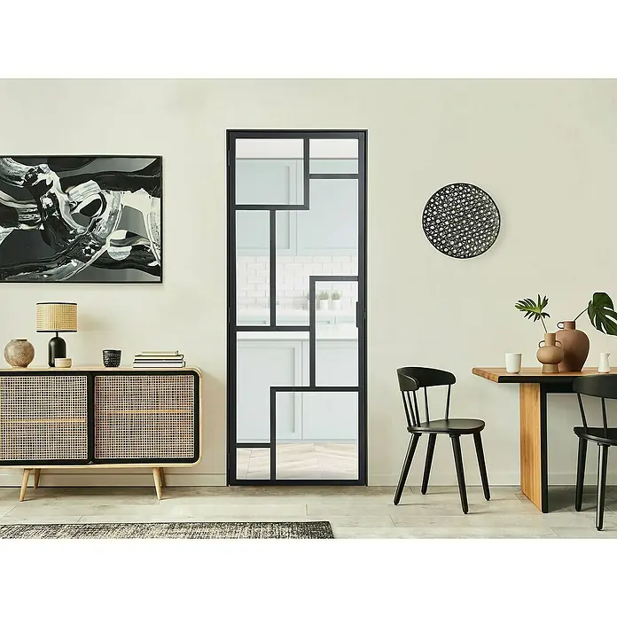 Kit atelier Drehtür Loft Architekt - 880 x 2.005 mm, Links, Einscheibensicherheitsglas (ESG) - Ein elegantes schwarzes Türdesign mit klaren Glaspaneelen. Das schlanke Design ist ein stilvoller Blickfang in jedem modernen Zuhause.
