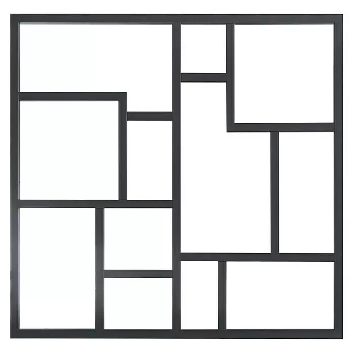 Kit atelier Glastrennwand Loft Architekt - 1.232 x 1.200 mm, Einscheibensicherheitsglas (ESG) - Dunkelgrauer geometrischer Gitter-Raumteiler/Regal mit verschiedenen rechteckigen Öffnungen.