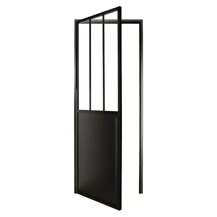 Kit atelier Drehtür Loft Atelier - 904 x 2.057 mm, Links, Einscheibensicherheitsglas (ESG) - Schwarze Rahmentür aus Glas mit fester unterer Platte, teilweise geöffnet.
