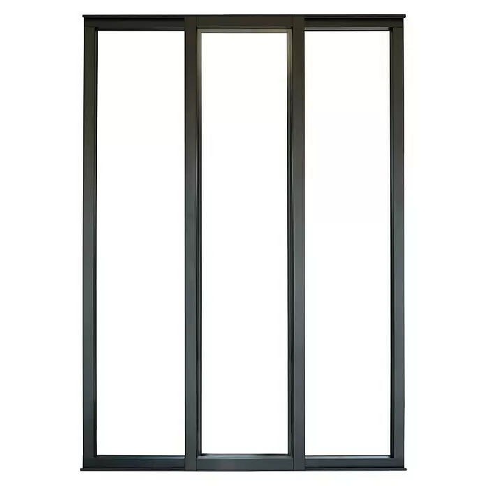 Kit atelier Glastrennwand Loft Atelier mit Schiebefenster - 932 x 1.300 mm, Einscheibensicherheitsglas (ESG) - Dunkelgrauer Metall-Schiebetürrahmen mit drei Paneelen.