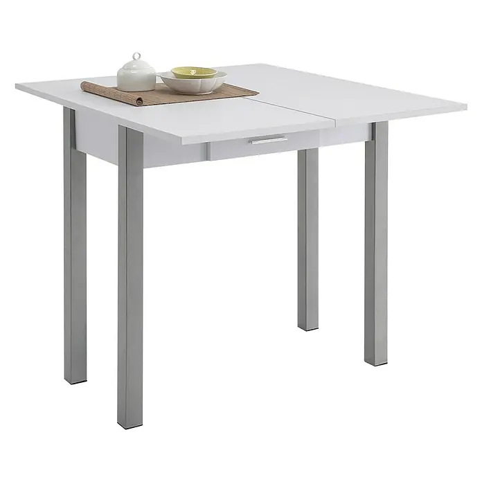Mesa libro - L x An: 90 x 40 cm, Material del tablero de la mesa: MDF - Mesa de comedor cuadrada blanca con patas plateadas, con vajilla y azucarero, ideal para cocinas modernas.