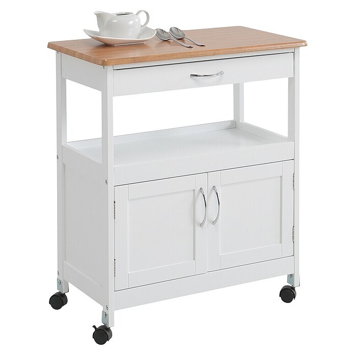 Carro de cocina con puertas (L x An x Al: 37 x 67 x 76 cm, Blanco/Bambú)
