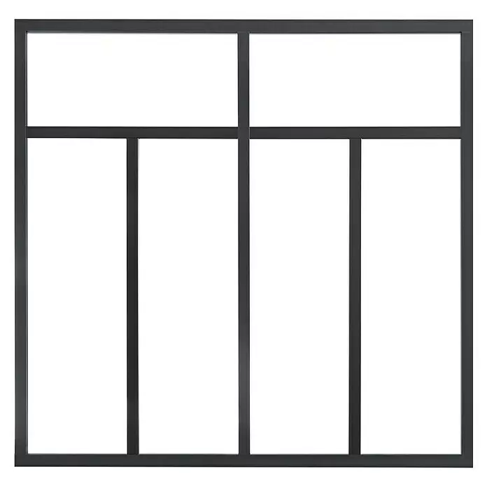 Kit atelier Glastrennwand Loft Bistro - 1.232 x 1.200 mm, Einscheibensicherheitsglas (ESG) - Dunkelgrauer Fensterrahmen mit Gittermuster.