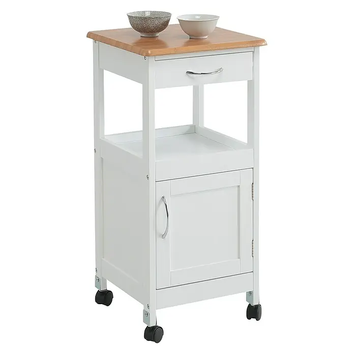 Carro de cocina con puertas - L x An x Al: 37 x 37 x 76 cm, Blanco/Bambú - Carrito de cocina de madera con cajón, armario y ruedas para más almacenamiento y movilidad en la cocina.