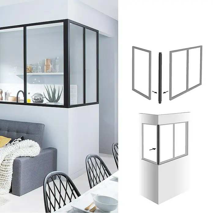 Kit atelier Eckprofil - 1.300 mm, Schwarz Sandstruktur - Ein stilvoller Raumteiler mit schwarzem Rahmen und Glasfüllung, der moderne Eleganz und Funktionalität vereint. Ideal für offene Wohnkonzepte.