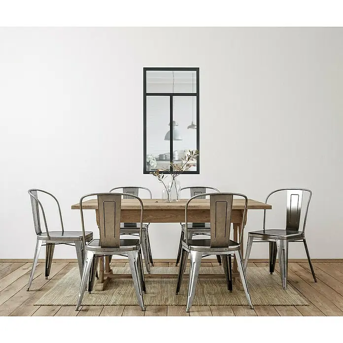 Kit atelier Pared de cristal - 632 x 1.200 mm, Vidrio de seguridad (ESG) - Comedor con mesa de madera, seis sillas de metal y espejo. La atención se centra en el diseño moderno de la mesa y las sillas.