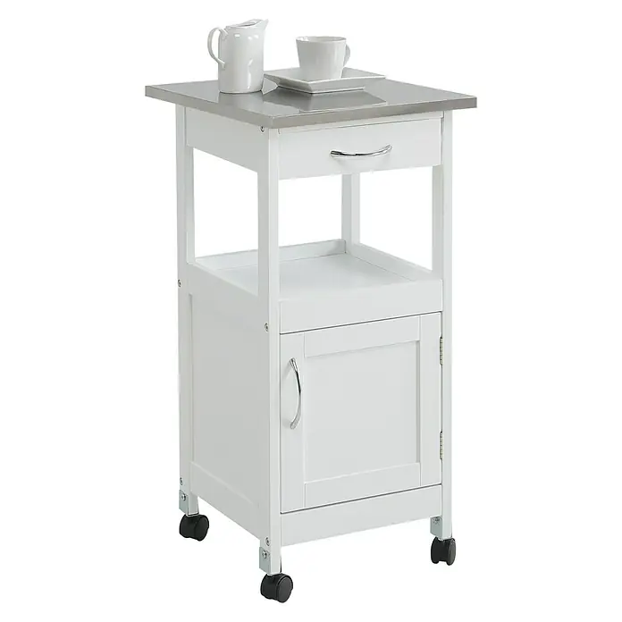 Carro de cocina con puertas - L x An x Al: 37 x 37 x 76 cm, Blanco/Acero inoxidable - Carrito de cocina blanco con tapa de acero inoxidable, cajón, armario y ruedas. Una jarra de leche y una taza están sobre la encimera.