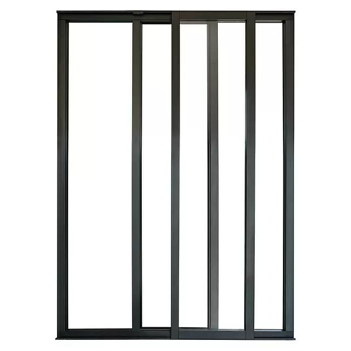 Kit atelier Glastrennwand Loft Atelier mit Schiebefenster - 932 x 1.300 mm, Einscheibensicherheitsglas (ESG) - Dunkelgrauer Aluminium-Schiebetür- oder -Fensterrahmen mit mehreren Flügeln.