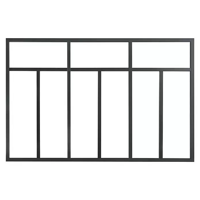 Kit atelier Glastrennwand Loft Bistro - 1.832 x 1.200 mm, Einscheibensicherheitsglas (ESG) - Schwarzer Metallgitter-Fensterrahmen mit horizontalen und vertikalen Unterteilungen.