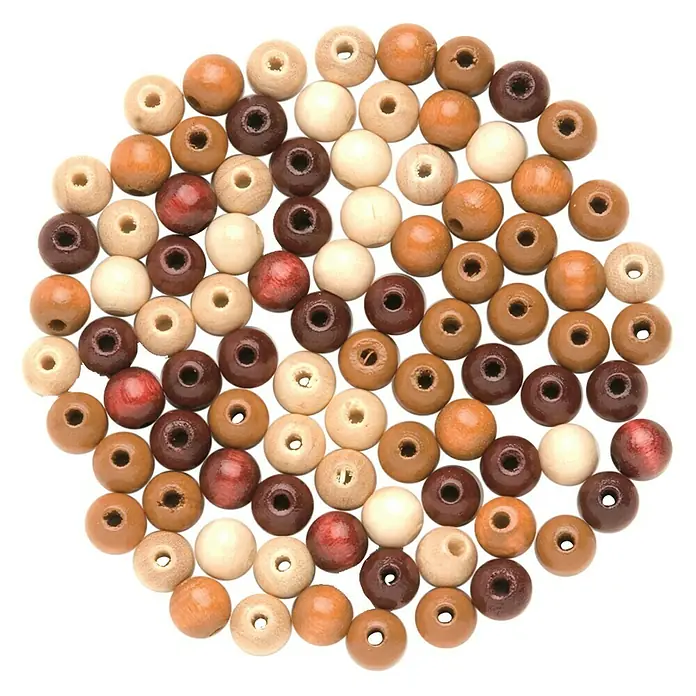 Glorex Holzperlen - Braun, Durchmesser: 12 mm, 28 Stk. - Nahaufnahme von einer Vielzahl von hölzernen Perlen in verschiedenen Farbtönen, ideal für Schmuckherstellung und Bastelprojekte.