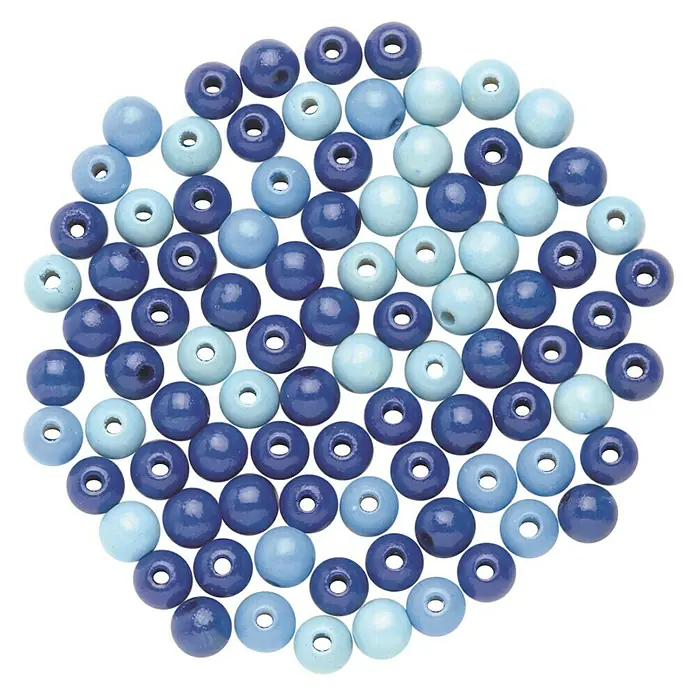 Glorex Holzperlen - Blau, Durchmesser: 12 mm, 28 Stk. - Nahaufnahme von blauen Holzperlen mit Loch, ideal zum Basteln von Schmuck und anderen kreativen Projekten.