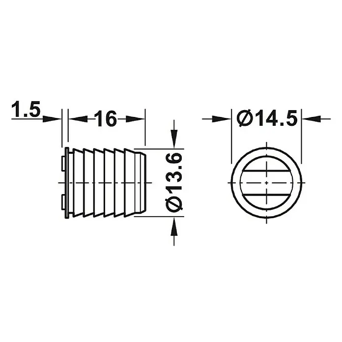 Suki Cierre magnético - Fuerza de adherencia: 3,5 kg, Ø x L: 13,6 x 17,5 mm, Marrón - Dibujo técnico de una tuerca de inserción para muebles con dimensiones 1.5, 16, ø13.6 y ø14.5 mm.