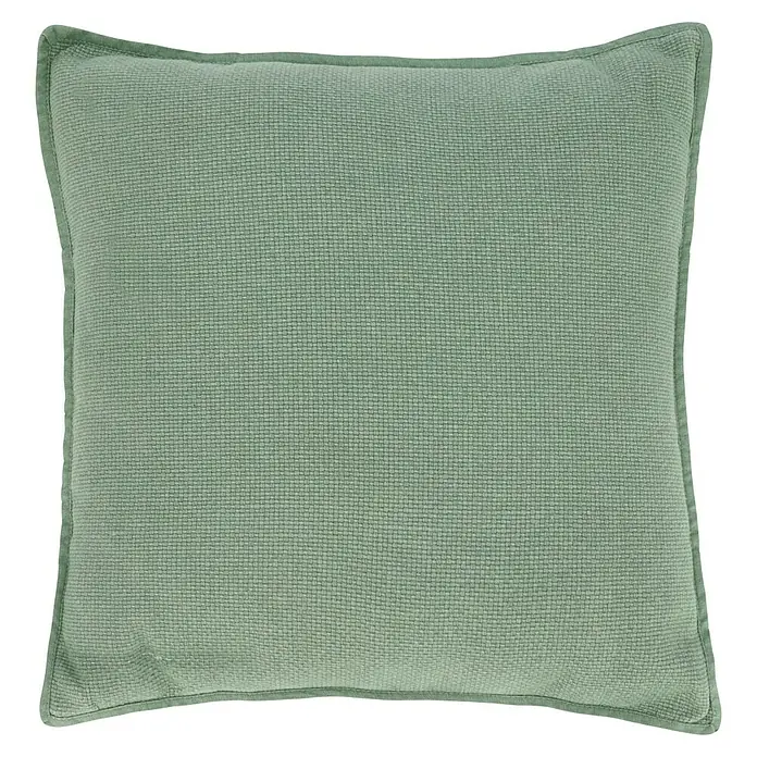 Kissen Bona - Jade, 45 x 45 cm, 100 % Baumwolle - Nahaufnahme eines mintgrünen Kissens mit strukturiertem Stoffbezug und passender Paspelierung.