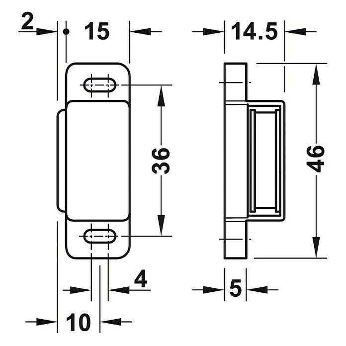 Häfele MagnetverschlussHaftkraft: 2 kg, L x B x H: 15 x 13,5 x 45,5 mm, Weiß Front View