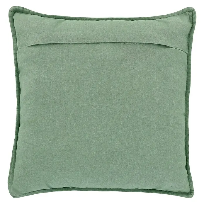 Kissen Bona - Jade, 45 x 45 cm, 100 % Baumwolle - Nahaufnahme eines quadratischen Kissens in Salbeigrün mit schmaler Paspelierung, das eine ruhige und entspannende Atmosphäre ausstrahlt.