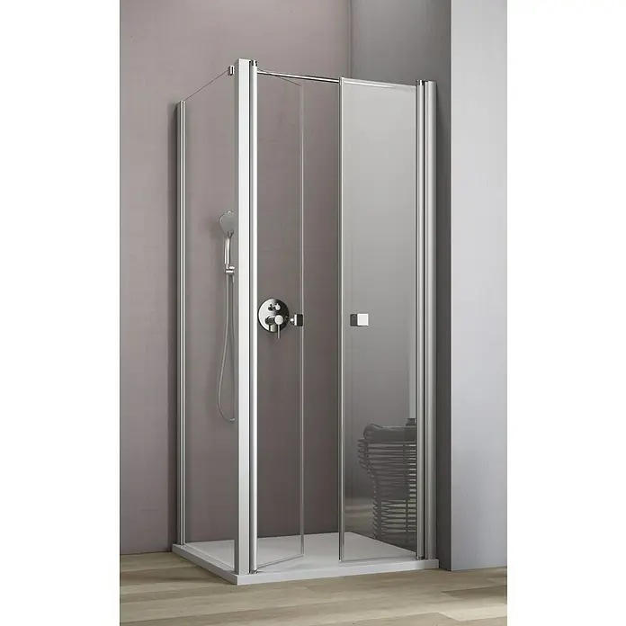 GEO Hit Eckdusche B-F110 - 100 x 100 x 202,2 cm, Beschichtet, Silber, Glasstärke: 6 mm, DIN Anschlag: Rechts - Abbildung einer modernen Duschkabine mit klaren Glaswänden und silbernen Rahmen, die ein elegantes Badezimmerdesign präsentiert.