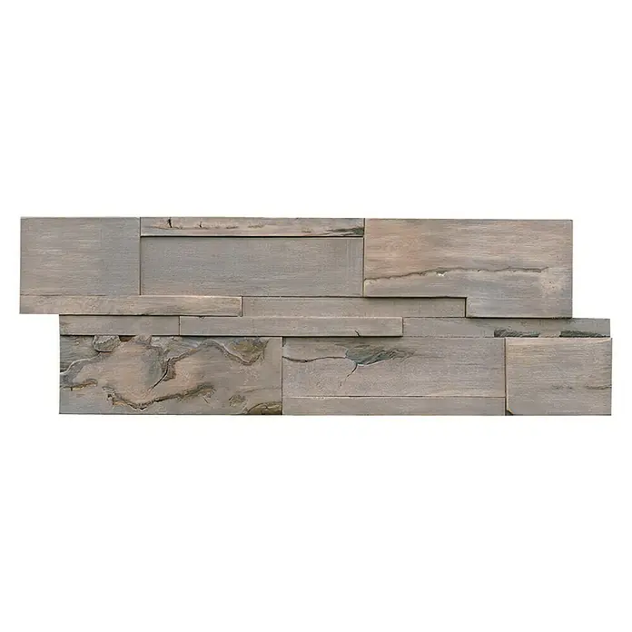 Indo Wandpaneel 3D Wall Driftwood Molucca Sea - Hevea, 560 x 200 x 10 mm, 1,008 m² - Wandverkleidung aus Holzimitat mit horizontal angeordneten, unterschiedlich großen Paneelen in Grau- und Beigetönen.