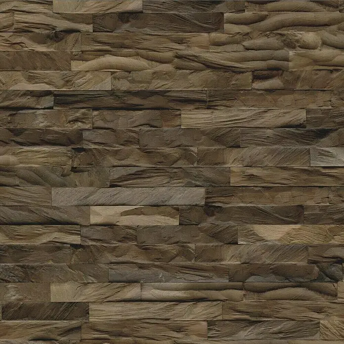 Indo Wandpaneel 3D Wall Diamondwood Ancient Brown - Teak, 610 x 150 x 10 mm, 1,006 m² - Elegante Wandverkleidung mit horizontalen, unregelmäßigen Steinpaneelen in warmen Brauntönen. Ideal für stilvolle Innenräume.