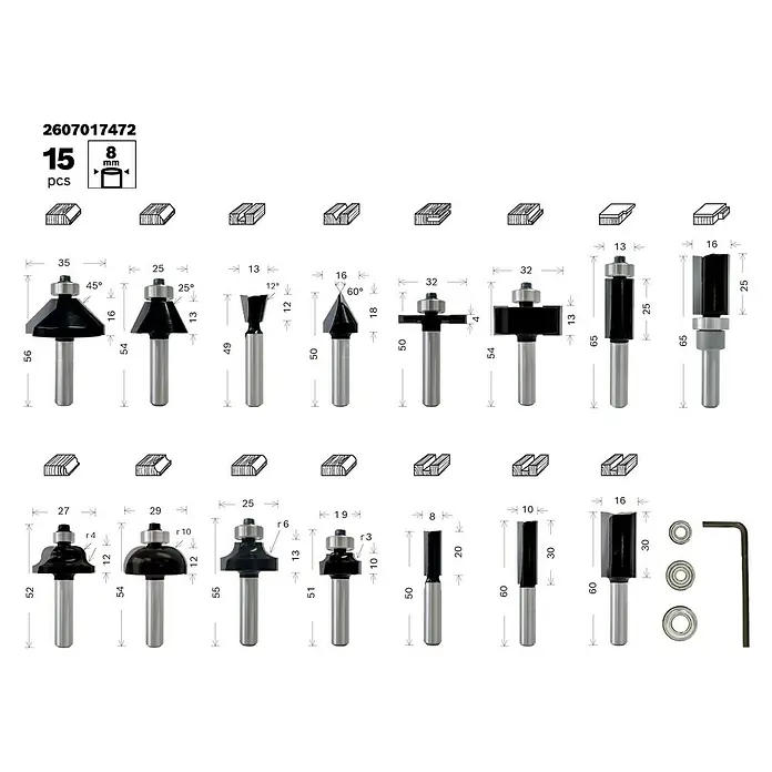 Bosch Fräser-Set Mixed - 15 -tlg., Durchmesser Schaft: 8 mm - Abbildung eines 15-teiligen Satzes von Oberfräsern, die verschiedene Holzbearbeitungsprofile ermöglichen und mit Abmessungen versehen sind.