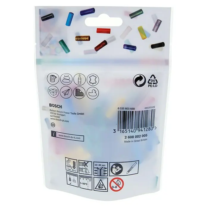 Bosch Gluey Klebepatronen Colour - 70 Stk., Durchmesser Klebepatrone: 7 mm, Farbig - Eine Tüte Bosch Power Tools GmbH Klebestifte, Made in Great Britain, mit verschiedenen Symbolen und Informationen auf der Rückseite.