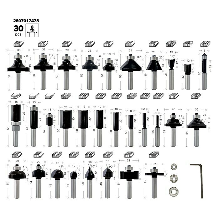 Bosch Set de fresas (30 piezas, Diámetro vástago: 8 mm)