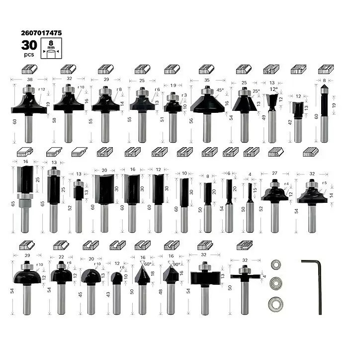 Bosch Set de fresas Mixed - 30 pzs., Diámetro vástago: 8 mm - Set de 30 fresas para router con vástagos de 8 mm, varios perfiles para carpintería, en negro y plata.