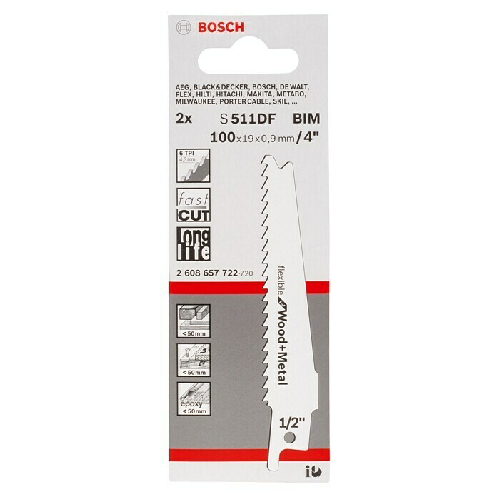 Bosch Säbelsägeblatt S511 DF Flexible (Einsatzbereich: NE-Metalle, 2 Stk., Länge: 100 mm)