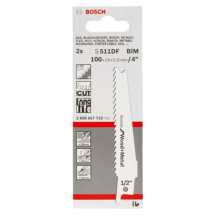 Bosch Säbelsägeblatt S511 DF Flexible - Einsatzbereich: Nichteisenmetalle, Länge: 100 mm - Bosch S511DF BIM Säbelsägeblatt für Holz und Metall, 100 x 19 x 0,9 mm, ideal für schnelles Schneiden und lange Lebensdauer.