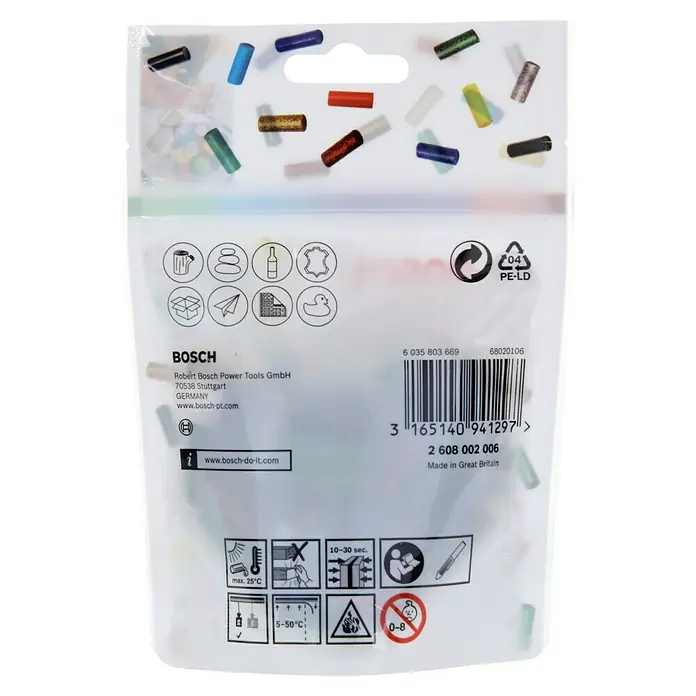 Bosch Gluey Klebepatronen Glitzer - 70 Stk., Durchmesser Klebepatrone: 7 mm, Glitzernd - Verpackung mit Bosch Klebestiften, geeignet für Temperaturen bis max. 25°C und Anwendungen zwischen 5-50°C. Nicht für Kinder unter 8 Jahren.